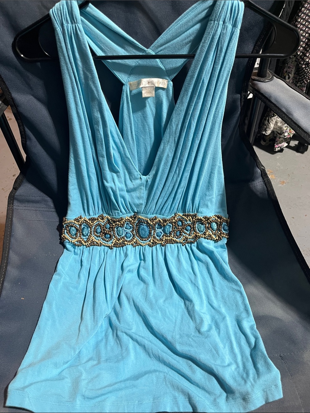 Boston Proper L Turquoise Beaded Waist V-Neck Tank Top